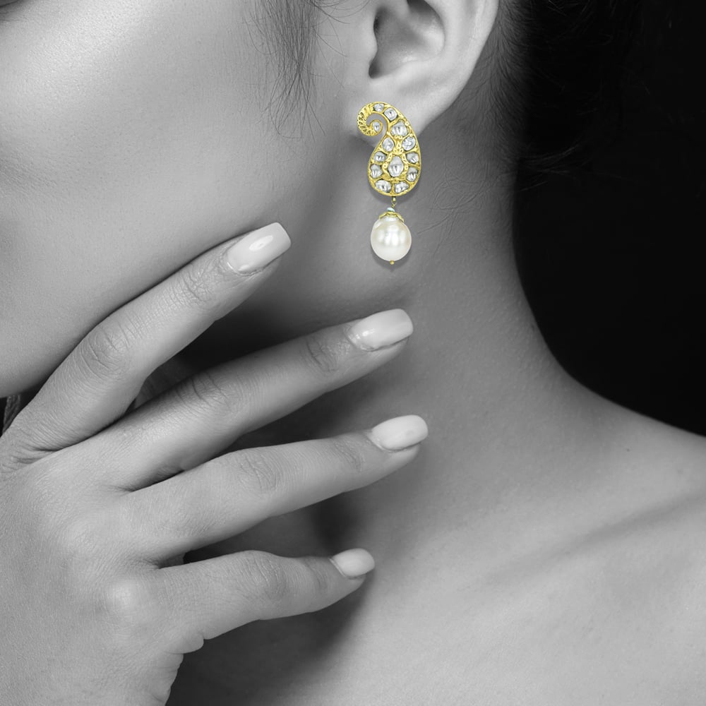 Paisley Polki Earrings with Pearl Drops